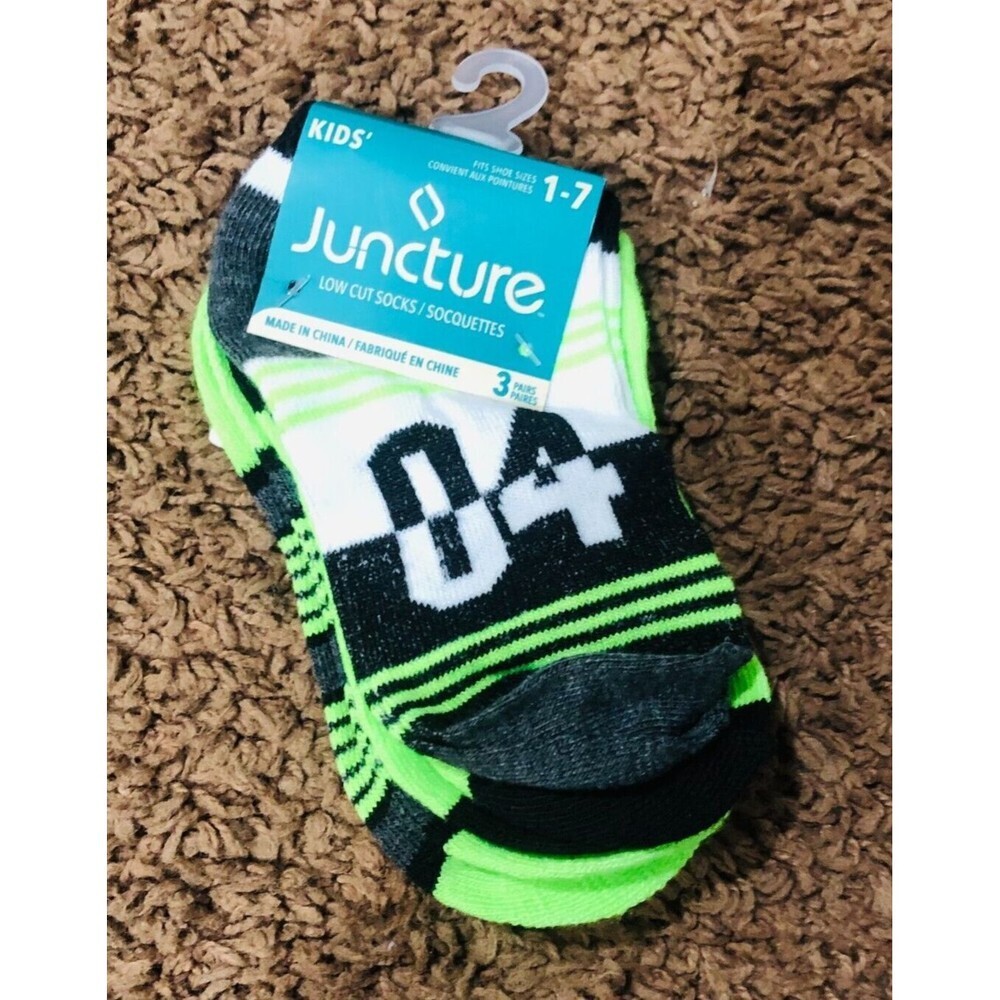 Juncture Boys Kids‎ Low Cut Socks Size 1-7 Green Striped 3 Pairs NWT